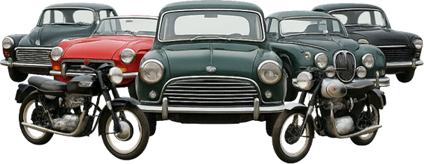 A line-up of classic cars and motorcycles